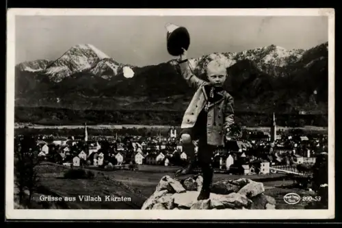 AK Villach, Gesamtansicht und kleiner Junge in Tracht
