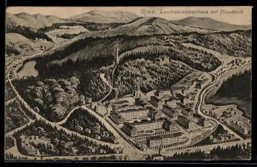 Künstler-AK Graz, Landeskrankenhaus mit Hilmteich