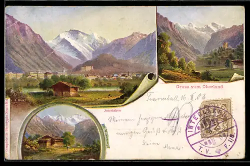 Lithographie Interlaken, Gesamtansicht und Blick ins Tal