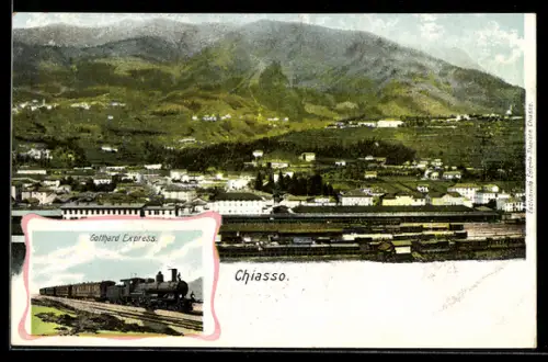 AK Chiasso, Panorama mit Bahnhof, Gotthard Express