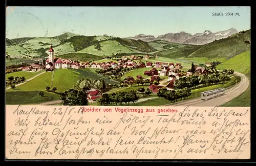 AK Speicher, Teilansicht mit Strassenbahn und Säntis von Vögelinsegg aus gesehen