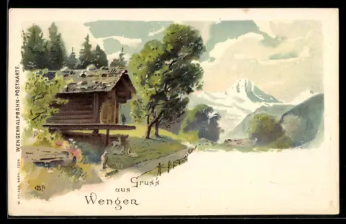 Lithographie Wengen, Ziegen mit Stall auf dem Berg