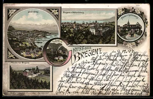 Lithographie Bregenz, Gesamt- und Teilansicht, Pfänder und Plateau, Blick v. Gebhardsberg