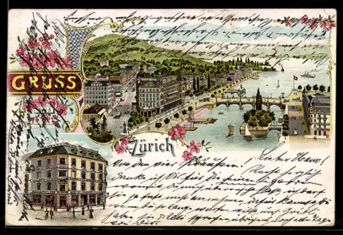 Lithographie Zürich, Ortspartie, Dampfer, Gebäudeansicht