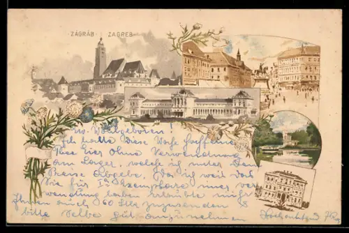 Lithographie Zagreb, versch. Ortsansichten