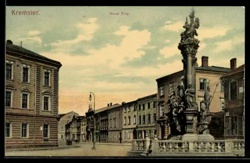 AK Kremsier /Kroméríz, Neuer Ring mit Denkmal