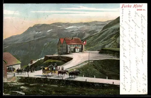 AK Furka, Blick auf Hotel mit Pferdekutschen