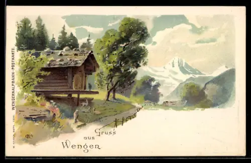 Lithographie Wengen, Ziegen mit Stall auf dem Berg