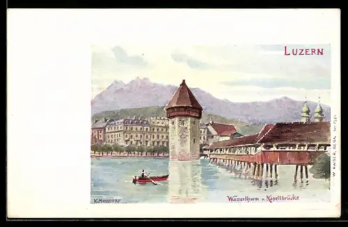 Künstler-AK Luzern, Wasserturm u. Kapellbrücke, Ruderboot