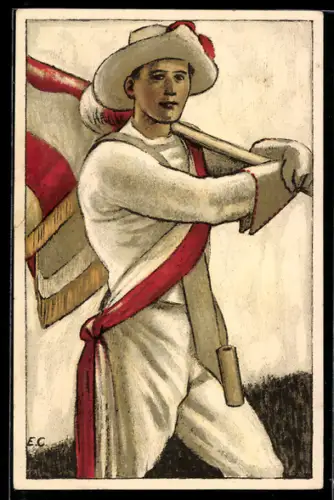 Künstler-AK Genf, Union Genf Lebensversicherungsgesellschaft, Schweizer mit Fahne