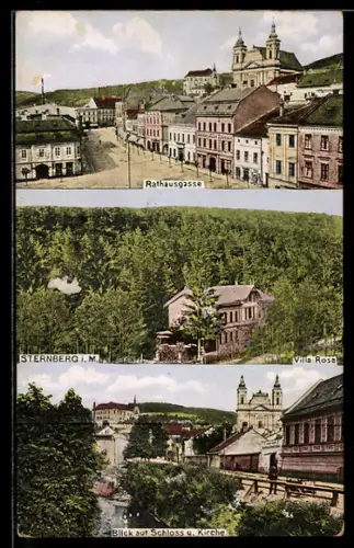 AK Sternberg, Rathausgasse, Villa Rosa, Blick auf Schloss und Kirche