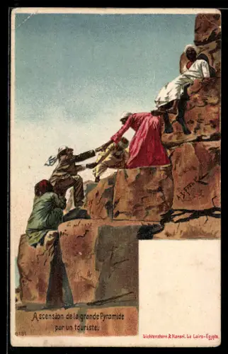 Künstler-AK Gizeh, Ascension de la grande Pyramide par un touriste