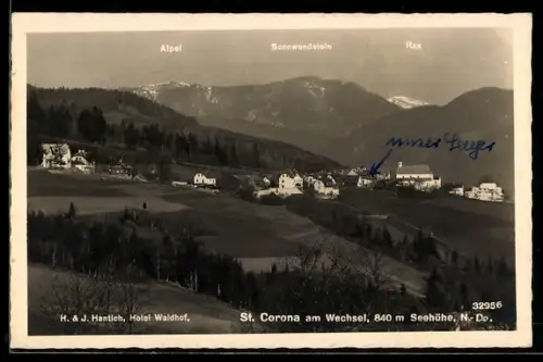 AK St. Corona am Wechsel, Hotel Waldhof, Panorama mit Rax und Sonnwendstein