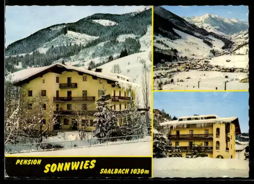 AK Saalbach, Pension Sonnwies und Ortsansicht