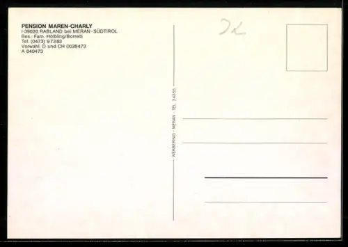 AK Rabland bei Meran, Pension Maren-Charly, Rückansicht, Innenansicht