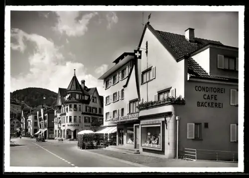 AK St. Margrethen, Bahnhofplatz mit Café-Conditorei Brassel