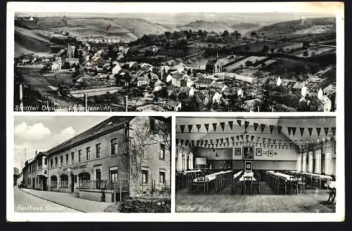AK Trier-Olewig, Gesamtansicht vom Stadtteil, Gasthaus Cordel und Grosser Saal im Gasthaus