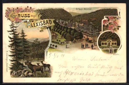 Lithographie Alexisbad, Kurhaus Alexisbad, Kapelle, Ortspartie mit Hirschen