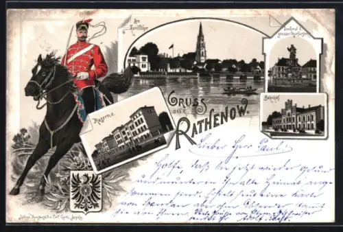 Lithographie Rathenow, Kaserne, Bahnhof, Flusspartie mit Kirche