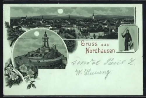 Mondschein-Lithographie Nordhausen, Totalansicht, Kaiser Wilhelm-Denkmal und Roland-Denkmal