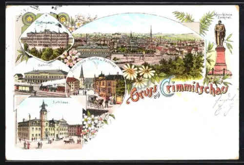 Lithographie Crimmitschau, Ortsansicht, Bahnhof, Knabenschule, Rathaus