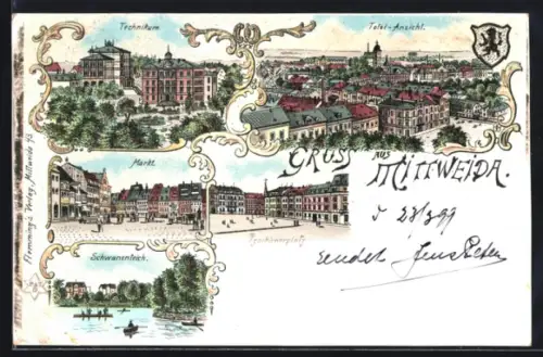 Lithographie Mittweida, Totalansicht, Technikum, Markt & Tzschirnerplatz