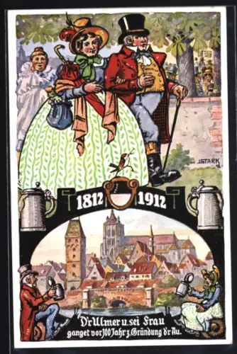 Künstler-AK Ulm / Donau, Festpostkarte 1912, 100-Jähriges Jubiläum der Friedrichsau 1812-1912