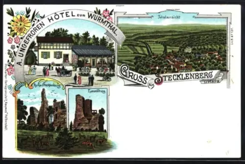 Lithographie Stecklenberg i. Harz, Totalansicht und Hotel zum Wurmthal, Inh. A. Ungefroren