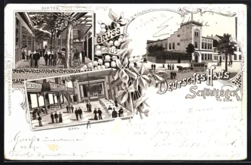 Lithographie Schönebeck / Elbe, Gasthof Deutsches Haus mit Saal und Garten