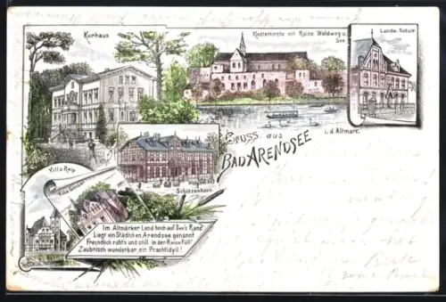 Lithographie Bad Arendsee i. d. Altmark, Kurhaus, Klosterkirche, Schützenhaus und Villa Gensen
