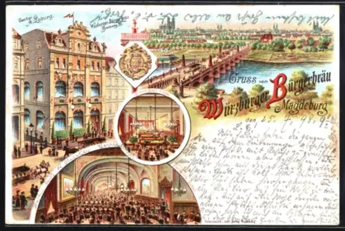 Lithographie Magdeburg, Gasthaus Würzburger Bürgerbräu, Teilansicht