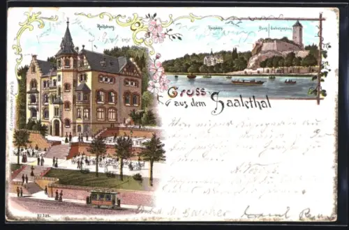 Lithographie Halle /Saale, Reilsburg und Burg Giebichenstein