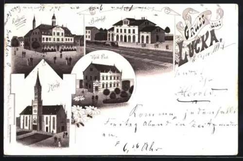 Lithographie Lucka, Bahnhof, Kaiserliche Post, Strassenpartie
