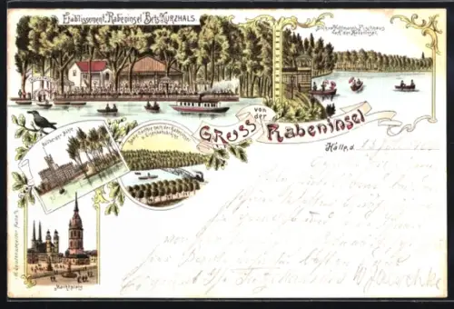 Lithographie Halle-Rabeninsel / Saale, Restaurant Kurzhals, Böllberger Mühle, Marktplatz