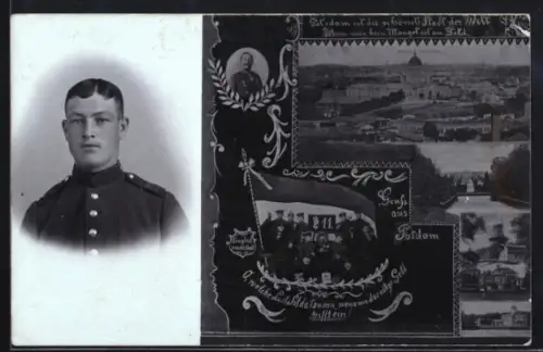 AK Potsdam, Portrait eines Soldaten, Portrait Wilhelm II., Panorama mit Schloss, Gruppenfoto mit Soldaten