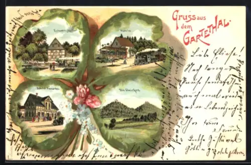 Passepartout-Lithographie Diemarden, Gartethal, Gasthof Eichenkrug, Restaurant Waterloo, Bahnhof Diemarden