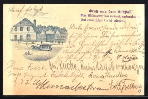 Lithographie Berlin, Restaurant-Kuhstall J. Böhme in der Invalidenstrasse 110, Pferdebahn