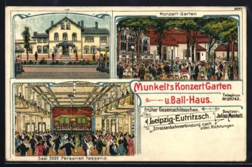 Lithographie Leipzig-Eutritzsch, Munkelts Konzertgarten- u. Ball-Haus, Besitzer Julius Munkelt, Saal für 3000 Personen