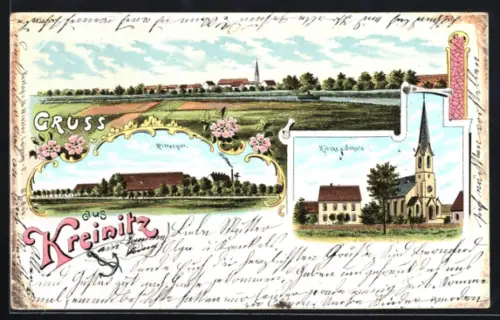 Lithographie Kreinitz, Rittergut, Kirche und Schule, Ortsansicht vom Feld aus