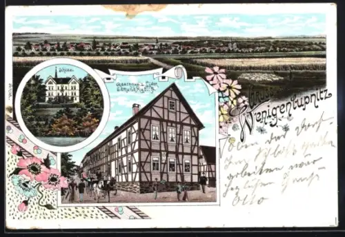 Lithographie Wenigenlupnitz, Gasthaus zum Löwen, Edmund Rudloff, Schloss, Ortsansicht vom Feld aus
