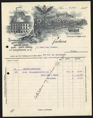 Rechnung Wien 1905, Rudolf Biermoritz, Kartonage-Waren-Fabrik, Lager-Kartons, Damenhut-Kartons, Ansicht der Fabrik