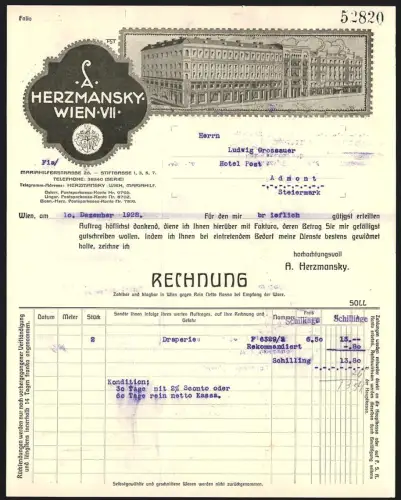 Rechnung Wien 1928, A. Herzmansky, Warenhaus, Mariahilferstrasse 26, Blick auf das Warenhaus