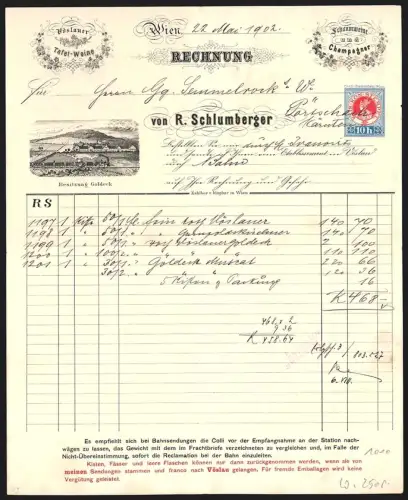 Rechnung Wien 1902, R. Schlumberger, Vöslauer Tafelweine, Schaumweine u. Champagner, Blick auf Fabrik und Eisenbahn