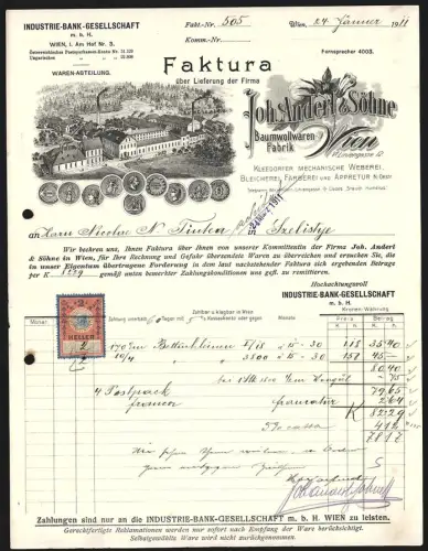 Rechnung Wien 1911, Joh. Andert & Söhne, Baumwollwaren-Fabrik, Blick auf die Fabrik aus der Vogelschau