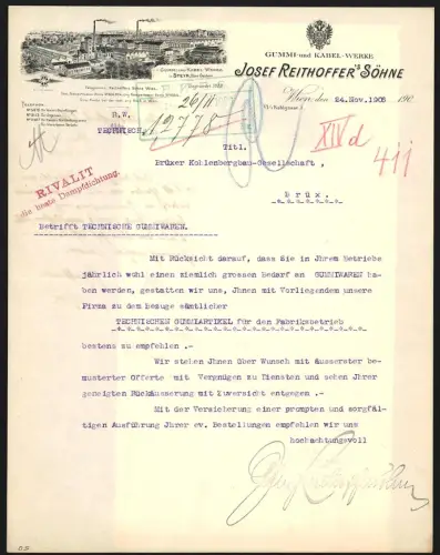 Briefkopf Wien 1906, Josef Reithoffer & Söhne, Gummi- und Kabel-Werke, Werksgelände
