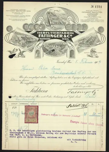 Rechnung Inzersdorf-Wien 1909, Fattinger & Co., Tierfutterfabrik, Werke in Fischamend, St. Marx und Guntramsdorf