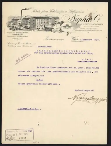 Briefkopf Wien 1907, Nuphar Co., Fabrik feiner Toilettenseifen und Parfümerien, Werksansicht