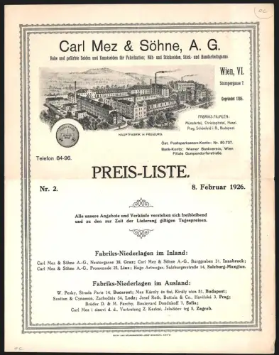 Briefkopf Wien 1926, Carl Mez & Söhne A.G., Preis-Liste für Nähfaden, Nähgarne, Strickgarne, Haupt-Fabrik in Freiburg