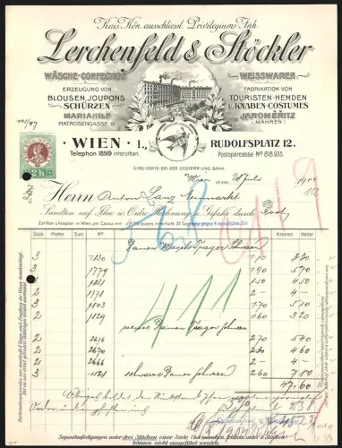 Rechnung Wien 1904, Lerchenfeld & Stöckler, Blusen, Touristen-Hemden, Schürzen, Knaben-Kostüme, Blick auf die Fabrik