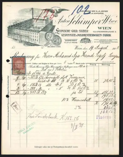 Rechnung Wien 1908, Anton Schimper Wtwe., Gespinnst- u. Posamentierwarenfabrik, Werksgelände